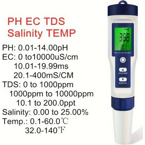 Testeur numérique de qualité de l'eau 5 en 1 TDS/EC/PH/salinité/thermomètre adapté aux piscines et aquariums (1/4)