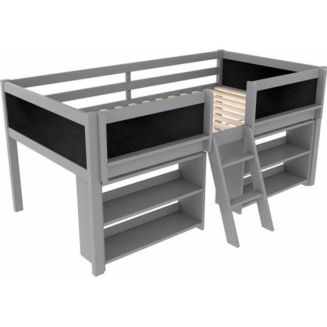 Cama alta infantil 90 x 200 cm con almacenaje, escalera, barandilla, pino y MDF gris (1/5)