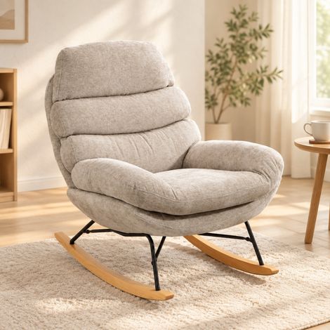 Sillón mecedora tapizado con patas de acero y patines de madera, blanco crema HAVRYA (1/5)