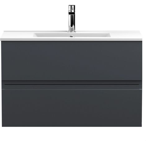 Mavesyn Contemporary 2 Drawer Wall Hung Vanity Unit with Minimalist Basin, Dark Grey, 800mm