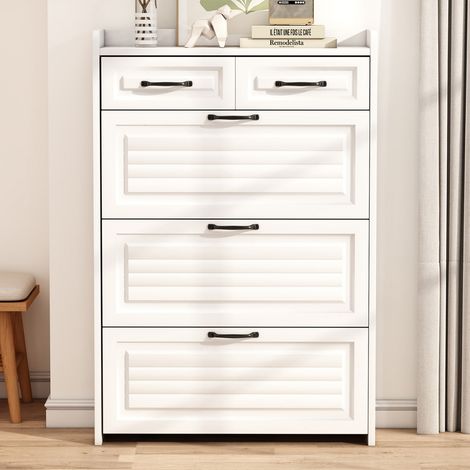 Meuble à chaussures - 3 portes rabattables - 2 tiroirs - Blanc - Panneau de particules - 80 x 23.5 x 131 (cm) (1/5)