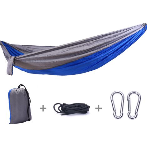 Hamac de camping, parachute portable ultra-léger, avec 2 sangles pour arbres et sac de rangement (bleu saphir + gris)