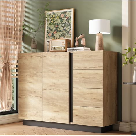 Buffet 120 x 35,5 x 90,5 cm, 4 tiroirs, 2 portes, noir et bois naturel OKMYHOME (1/5)