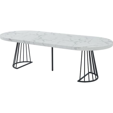 Table à manger extensible 2 à 12 personnes en MDF et acier - Effet marbre blanc et Noir - FIRELA