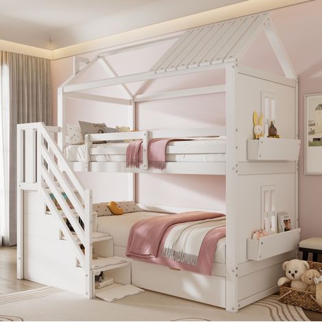 Lit superposé 90x200 avec rangements, pinie MDF blanc HAVRYA (1/5)