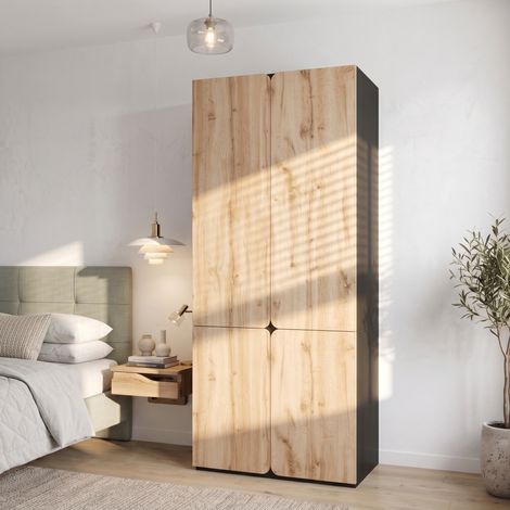 MODFU – Armario 90x50x200 cm de MDF/aglomerado con 4 puertas, ropero, 3 cajones y carga 30/20 kg – Roble (1/5)