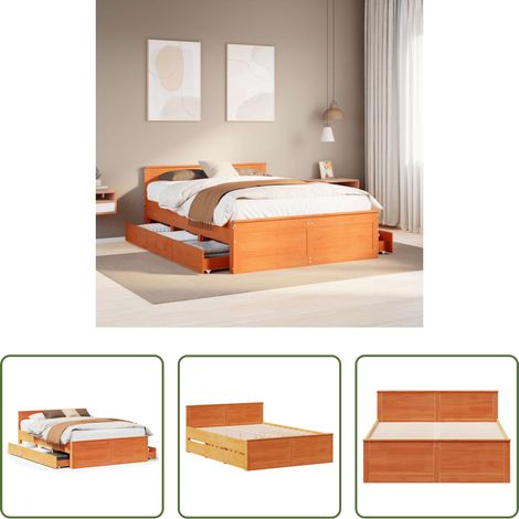 vidaXL Sommier Ă lattes - Cadre de lit sans matelas avec tĂŞte de lit brun cire 140x190 cm (1/5)