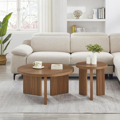 Set di 2 tavolini da caffè rotondi con scanalature in MDF color noce OKWISH (1/5)