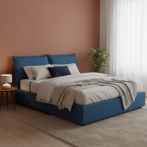 Talamo Italia Cama matrimonial Denise, Cama contenedor con revestimiento de tela, 100% Made in Italy, Apertura frontal, con colchón 160x190 cm incluido, Azul, con embalaje reforzado (1/5)