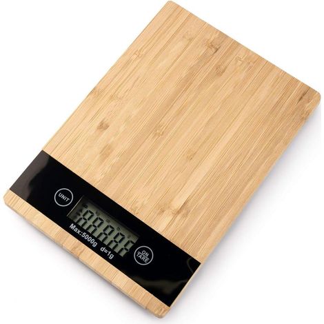 Elektronische Küchenwaage aus Holz, wiegt Lebensmittel bis zu 5 kg 1 g. Elegant und praktisch, mit hoher Präzision dank ihres Displays. (1/5)