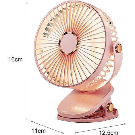 Mini-Clip-Ventilator in Rosa [5 Geschwindigkeitsstufen + Nachtlicht], ideal für Studentenzimmer, als Nachttischlampe oder fürs Büro. Kompakt und leise, Aufladung per USB. Bedienung: (1/2)