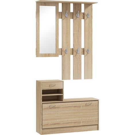 Porte-manteau 3 en 1 bois chêne 90x10x91 cm avec étagère à chaussures, miroir, crochets et tiroirs