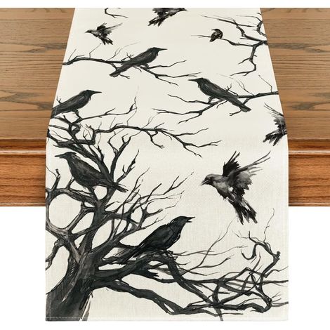Chemin de table d'Halloween Artoid Fashion en papier découpé noir et blanc, motif corbeau et arbre, réplique pour table de cuisine automnale, décoration intérieure pour fêtes, 40 x 140 cm (1/5)