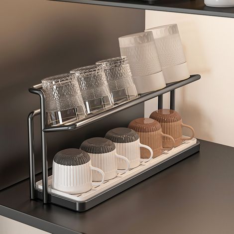 (1 pièce) Support à tasses en métal, support à plateau d'égouttage à double couche, support de rangement pour tasses de thé, café et eau (1/5)