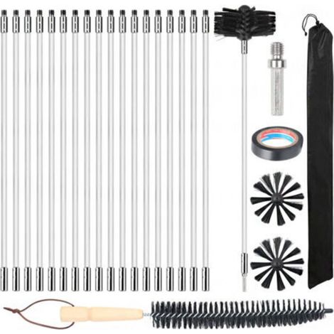 100-mm-Bürstenleiste, 27 Kaminbürsten (davon 20 flexible 410-mm-Leisten), 2 Bürstenköpfe, 1 Bohrfutter + Kaminzubehör und Bürste mit Holzgriff