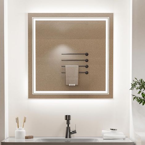 LUVODI Espejo para Baño LED Pared Antivaho Cuadrado con Doble Tira de Luz, 800 x 800mm