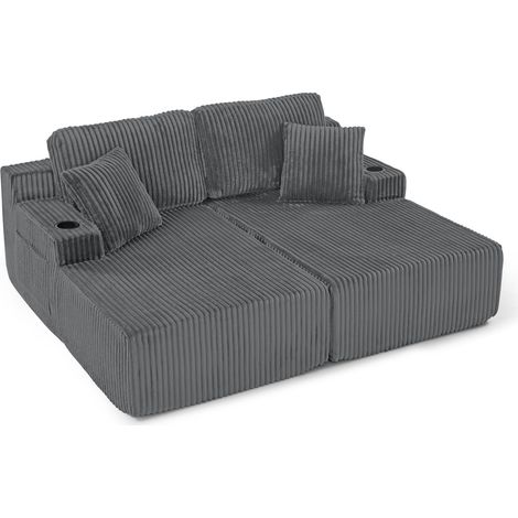 Divano letto relax 2 posti grigio in tessuto a coste con tasca, portabicchieri e cuscini HOMVRA (1/5)