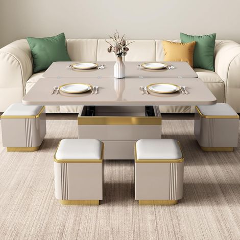 Table Basse relevable avec 4 tabourets de Rangement, Table Centrale Moderne avec Plateau en Verre trempé et tiroir, Table à Manger Extensible pour Salon, Bureau Multifonctionnel (1/5)