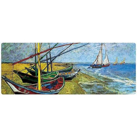 Tapis de souris grand format, motif peinture à l'huile (400 x 900 x 2 mm), bateau en bord de mer. (1/2)