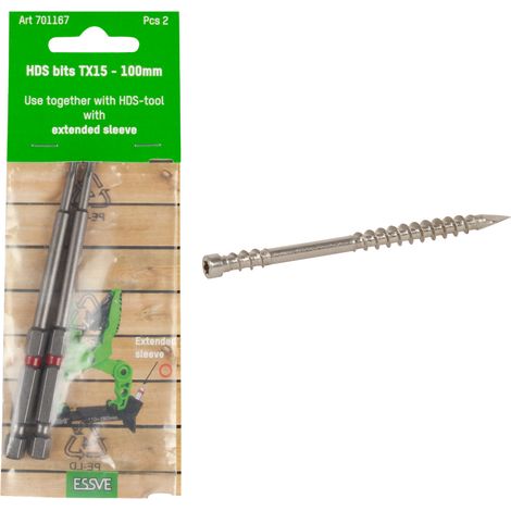 Tornillos para terrazas ESSVE HDS PRO de acero A2 de 5x75 mm, 250 unidades + puntas TX de 15x100 mm, 2 unidades (1/4)