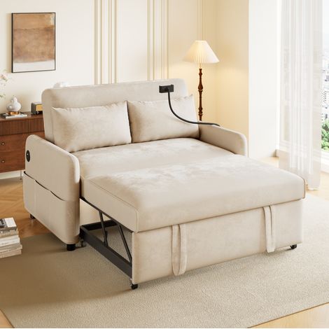 Sofá cama 2 plazas beige de chenilla, respaldo ajustable, USB, ruedas HAVRYA (1/5)