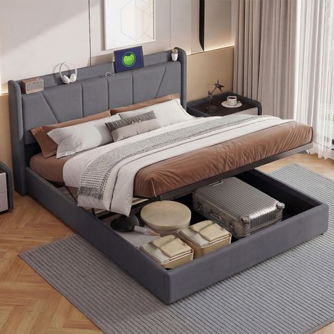JOOKGBD–Letto a Contenitore 160x200 cm,Letto Matrimoniale Imbottito,2 USB,1 Type-C,Contenitore Idraulico,Rete a Doghe,Letto per Adolescenti,Lino,Grigio