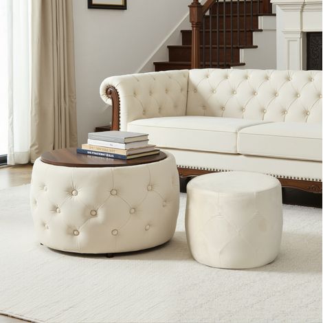 Hocker Set mit Stauraum Samt Beige rund 2-teilig OKMYHOME (1/5)