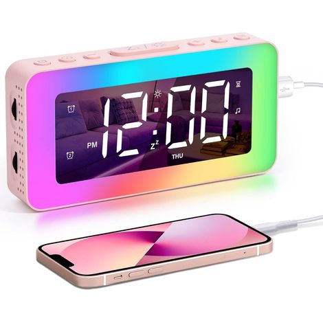 Réveil Numérique pour Enfants avec Lumière - Horloge Miroir avec Double Alarme - 8 Sons et Minuterie d'Endormissement - Chargeur USB
