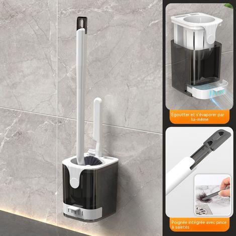Ensemble brosse WC murale, brosse WC avec égouttoir et filtre à peluches, outil de nettoyage de salle de bain sans perçage - Noir (1/5)