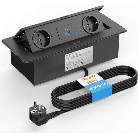 Multiprise Encastrable USB C PD 20W, Prise Plan de Travail Cuisine, 2 Prise Encastrable Cable 2m, 10A/2500W Noir (1/5)