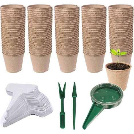 153 PCS Pots Biodégradables, 100 PCS Pot de Semis en Fibre Biodégradable de 6 cm, Etiquettes Blanches en Plastique, Outil de Sol Meuble pour Plantes de Jardin Marron (1/5)