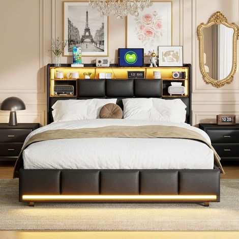 Lit coffre 140x190 cm, lit capitonné multifonction avec LED et USB, lit 2 places avec rangement et sommier à lattes, cadre de lits avec tête de lit pour adulte adolescent, PU, noir (1/5)