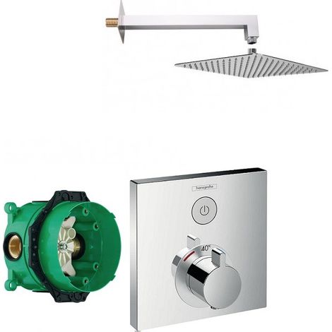 Hansgrohe – Colonne de douche encastrée Showerselect – Mitigeur laiton chromé avec bouton Select – Pommeau inox 300mm ultra plat – Débit 26l/min à 3 bar (1/4)