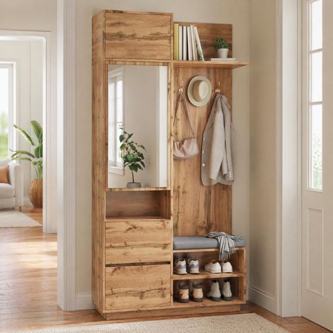 Kompaktgarderobe (90x34.5x190 cm), Spiegelschrank, Schuhregal, Haken, Schubladen, Sitzbank, MDF, Natur (1/5)