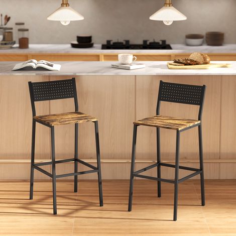 Lot 2 Tabourets Bar Brun Rustique - Assise 72.5cm - Dossier Repose-Pieds - Pieds Métal - Industriel Authentique. (1/5)