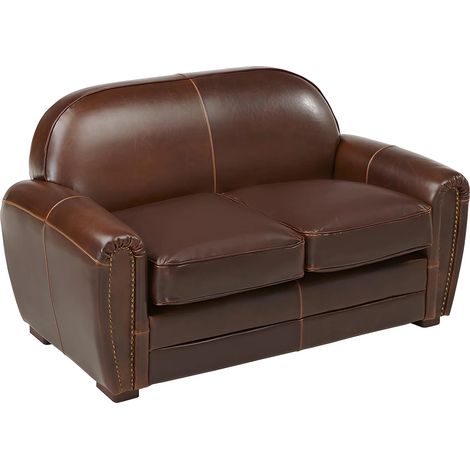Vente-Unique – Canapé 2 places club 100% cuir vieilli – Confort mousse haute résilience – Structure bois – Marron chocolat – Dimensions 150x84x85cm (1/5)
