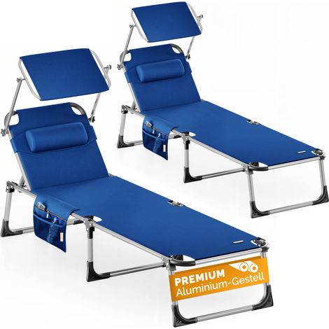 CASARIA® Sonnenliege Klappbar Aluminium Gartenliege mit Dach Kopfkissen Seitentasche 180kg Belastbar Leicht Liegestuhl 2x blau