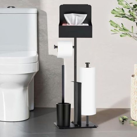 Porte-papier toilette sur pied avec brosse intégrée - Ensemble en acier inoxydable noir comprenant un porte-papier toilette et une brosse, installation sans perçage, brosse et porte-rouleau de papier