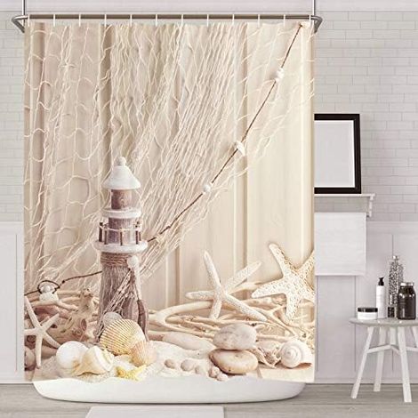 CSPARKV Textile Fabric Shower Curtain with Loops - 120180 - Shell Pattern - Digital Printing - Polyester Fiber - Anti-Mold - Beige (1/4)
