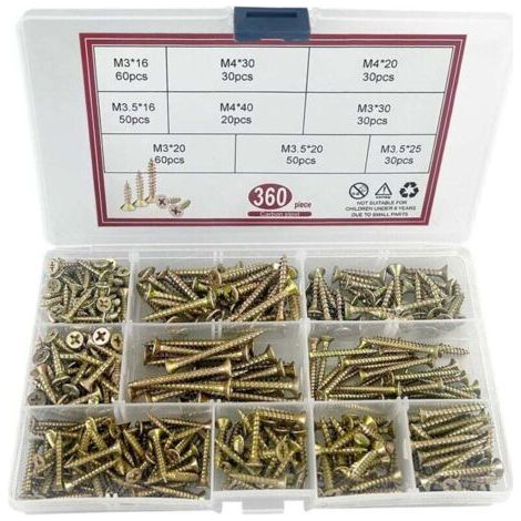 360 Pièces Vis à Bois Autotaraudeuses, Zingué Jaune Extra Fort, Vis Autoperceuses à Empreinte Cruciforme Pozidriv, Vis à Tête Plate Croisée, vis pour panneaux d'aggloméré,M3/M3.5/M4