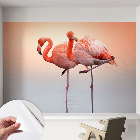 Papier peint adhésif décoratif pour salon chambre et cuisine Facile à poser avec colle Flamants roses délicats 152x104 cm (1/5)