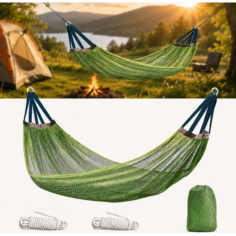 Hamac d'extérieur en maille nylon doux et respirant, avec sac de transport et 2 cordes, pour camping, randonnée, jardin et plage (1/5)