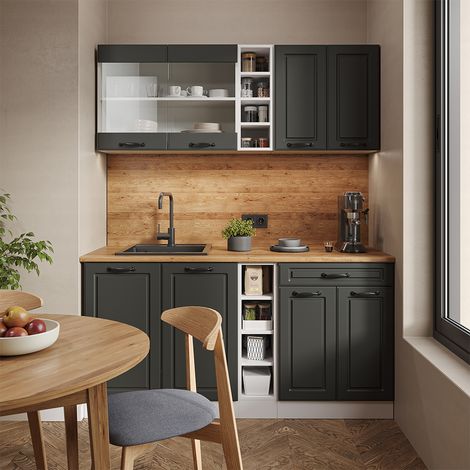 Singleküche R-Line, Anthrazit Landhaus/Weiß, 160 cm , AP Marmor, Vicco