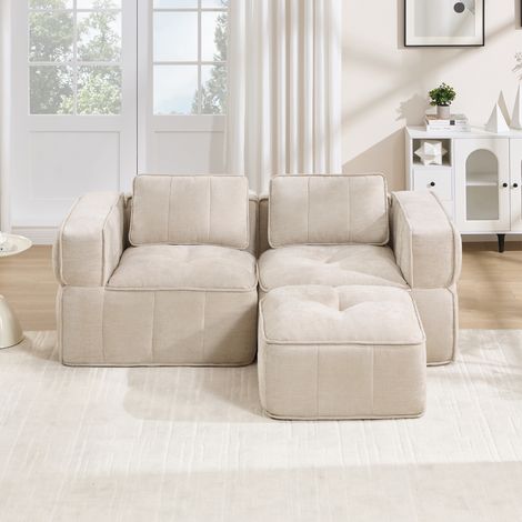 Canapé d’angle modulable 2 places 198 x 162 x 67 cm avec pouf, mousse 32D, tissu polyester beige (1/5)