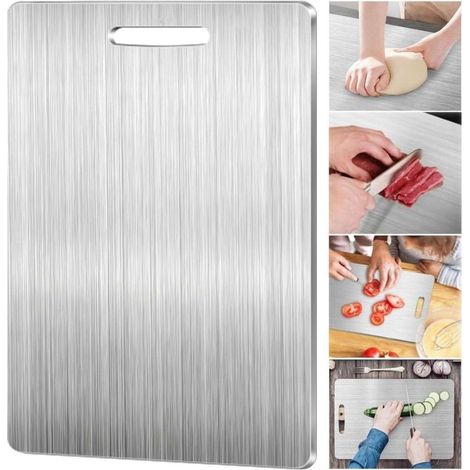 Planche à découper en acier inoxydable pour la cuisine, fabriquée en matériau de qualité alimentaire, un indispensable pour la maison, l'extérieur et le camping, facile à nettoyer, 13 pouces de long x (1/4)