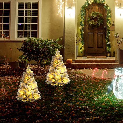 Árbol de Navidad con iluminación LED, juego de 2, 107 cm, piñas, bayas rojas, ignífugo, verde/blanco (1/5)