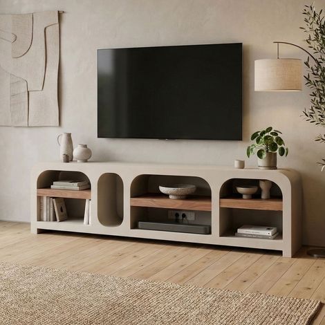 Meuble TV 180x40x51cm en acacia et effet beton - BALBO (1/5)