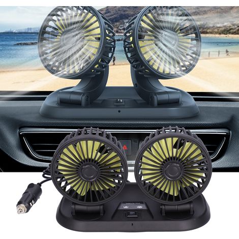 Ventilateur de voiture électrique à double tête rotative à 360°, 5 pales, 2 vitesses, ventilateur de refroidissement pour véhicules (12 V (pales jaunes)) (1/5)