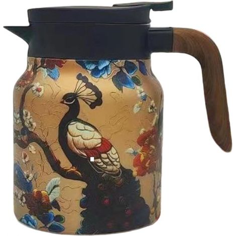 Théière isotherme – 1 L – Double paroi – Inox – Motif paon – Or – Voyage et camping (1/5)