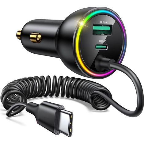 Chargeur de voiture 70W pour iPhone 17 Pro Max, chargeur de voiture USB C Charge rapide avec câble enroulé de type C de 5.2Ft, pour iPhone 17/16/15, iPad, Samsung, Android (1/5)